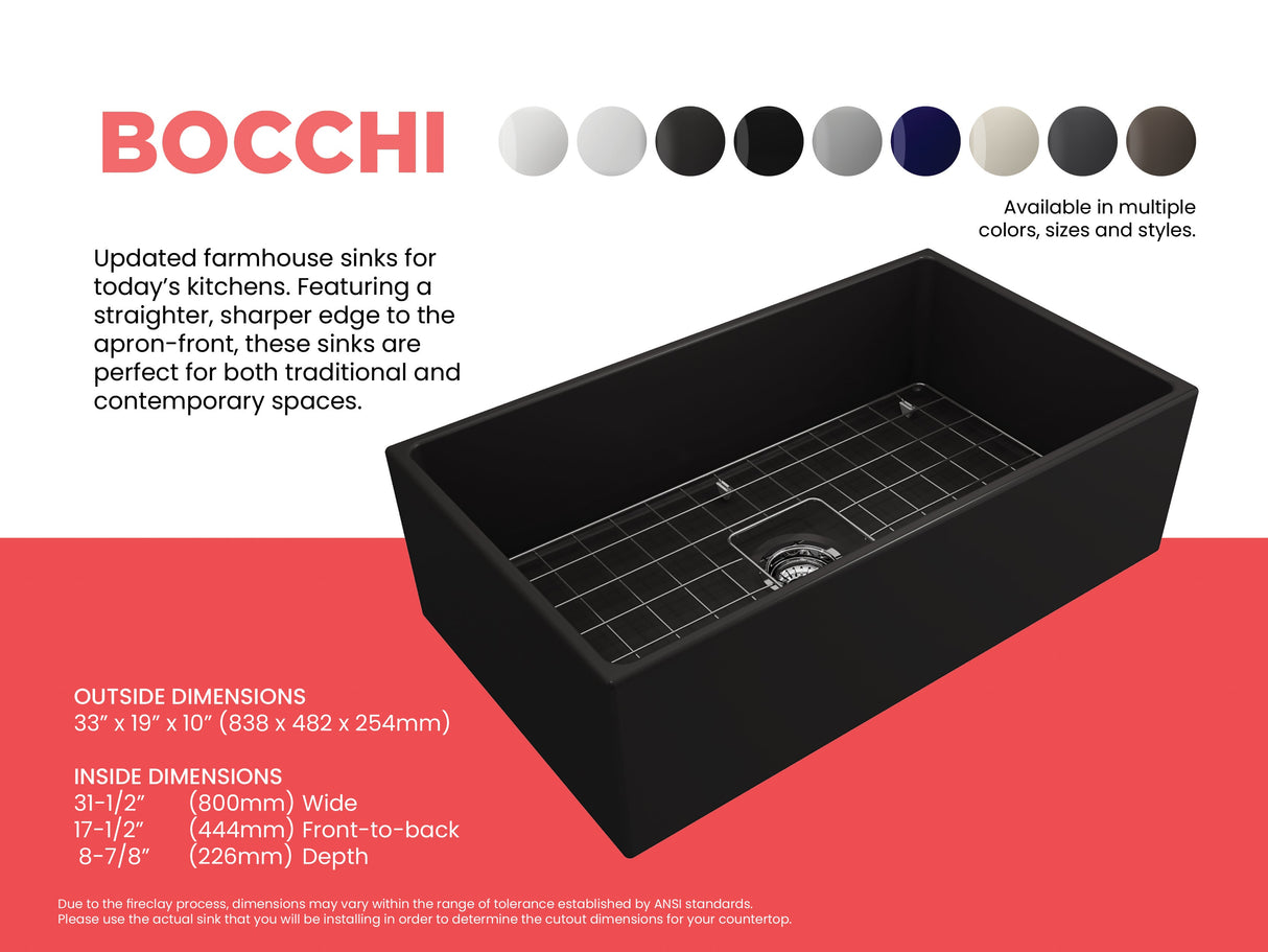 BOCCHI 1352-004-0120 Contempo Apron Front Fireclay 33 in. Single Bowl Kitchen Sink with Protective Bottom Grid and Strainer in Matte Black