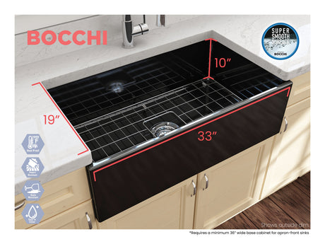 BOCCHI 1352-005-0120 Contempo Apron Front Fireclay 33 in. Single Bowl Kitchen Sink with Protective Bottom Grid and Strainer in Black