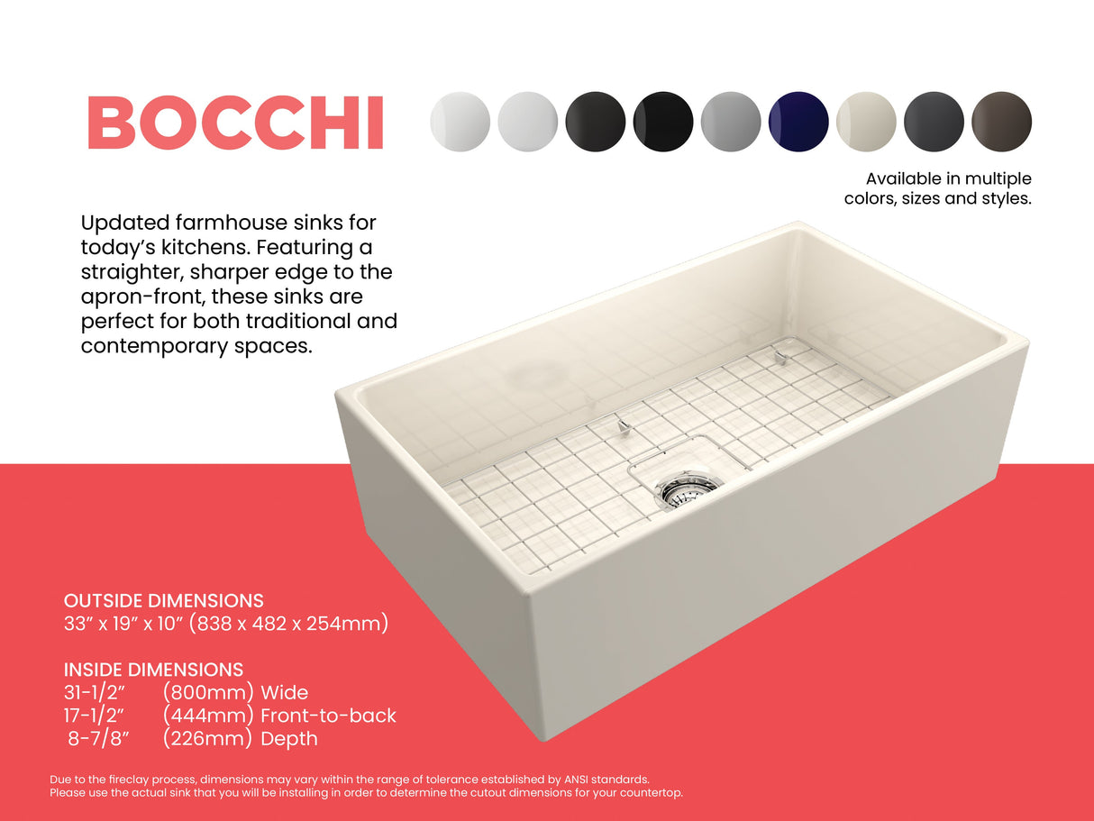 BOCCHI 1352-014-0120 Contempo Apron Front Fireclay 33 in. Single Bowl Kitchen Sink with Protective Bottom Grid and Strainer in Biscuit