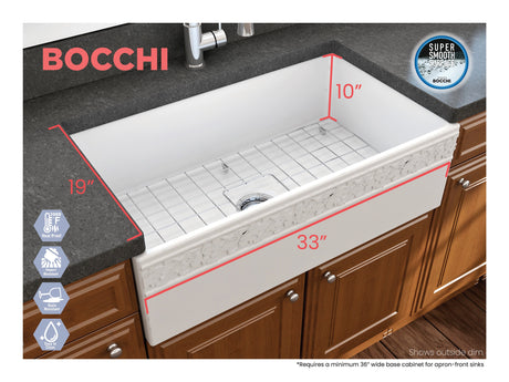 BOCCHI 1353-002-0120 Vigneto Apron Front Fireclay 33 in. Single Bowl Kitchen Sink with Protective Bottom Grid and Strainer in Matte White