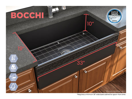 BOCCHI 1353-004-0120 Vigneto Apron Front Fireclay 33 in. Single Bowl Kitchen Sink with Protective Bottom Grid and Strainer in Matte Black