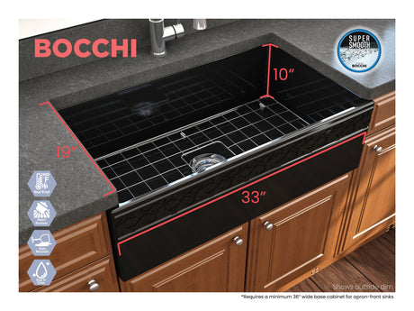 BOCCHI 1353-005-0120 Vigneto Apron Front Fireclay 33 in. Single Bowl Kitchen Sink with Protective Bottom Grid and Strainer in Black