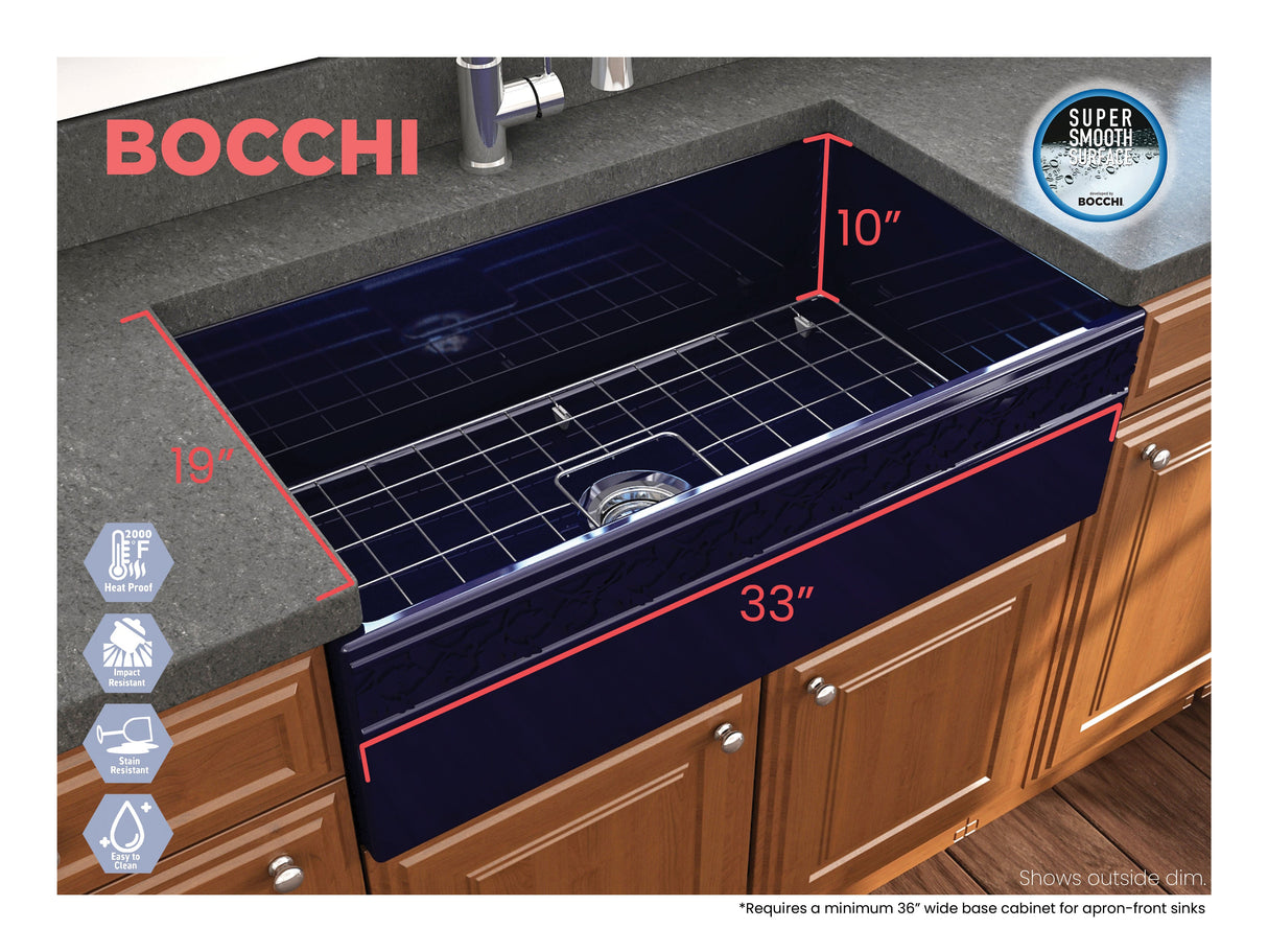 BOCCHI 1353-010-0120 Vigneto Apron Front Fireclay 33 in. Single Bowl Kitchen Sink with Protective Bottom Grid and Strainer in Sapphire Blue