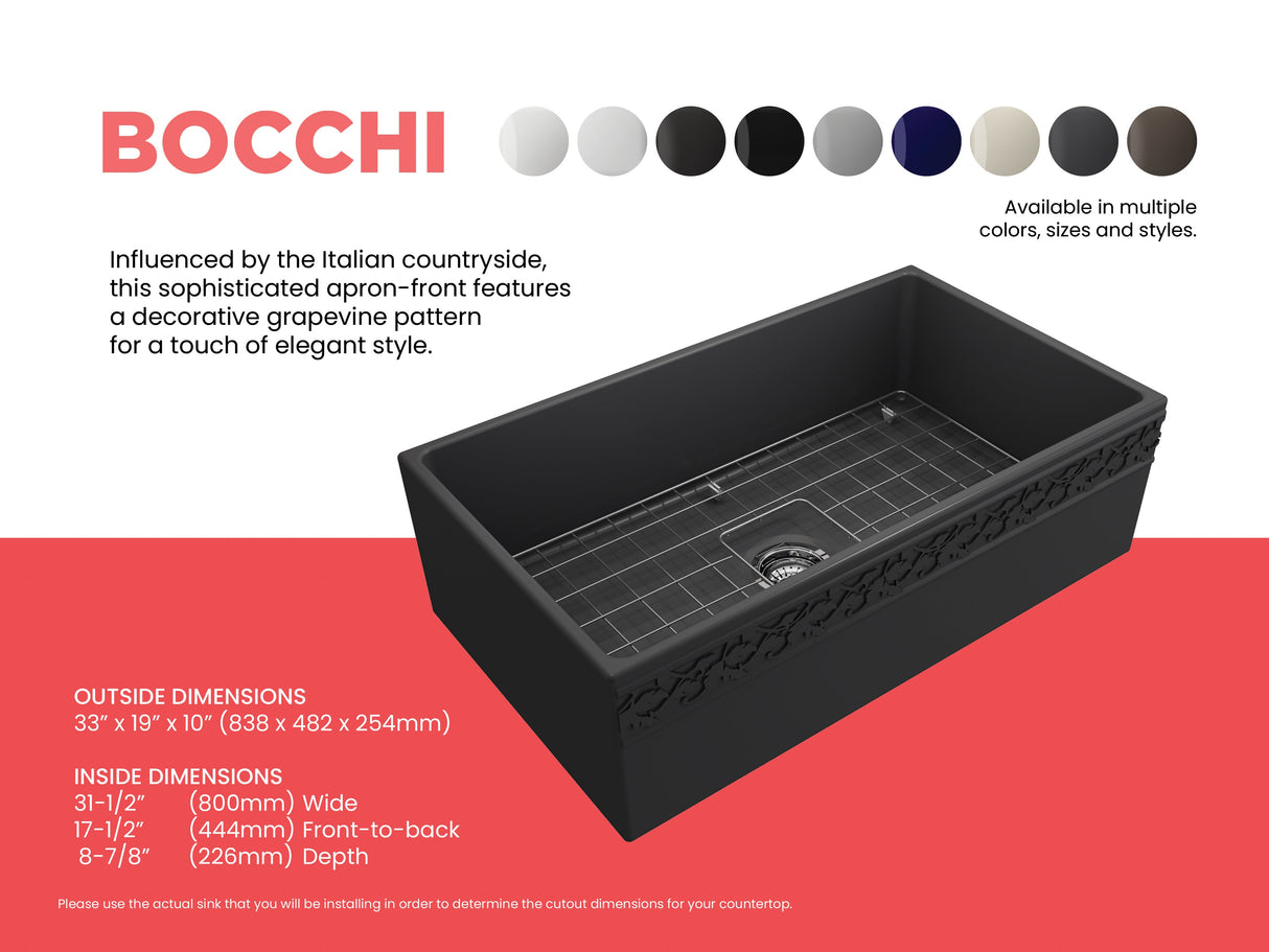 BOCCHI 1353-020-0120 Vigneto Apron Front Fireclay 33 in. Single Bowl Kitchen Sink with Protective Bottom Grid and Strainer in Matte Dark Gray