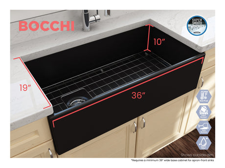BOCCHI 1354-004-0120 Contempo Apron Front Fireclay 36 in. Single Bowl Kitchen Sink with Protective Bottom Grid and Strainer in Matte Black