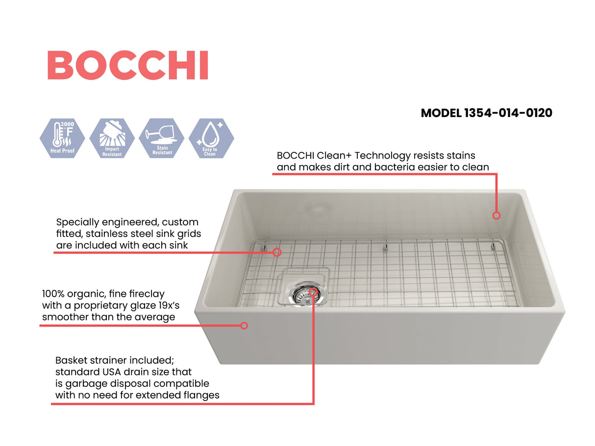 BOCCHI 1354-014-0120 Contempo Apron Front Fireclay 36 in. Single Bowl Kitchen Sink with Protective Bottom Grid and Strainer in Biscuit