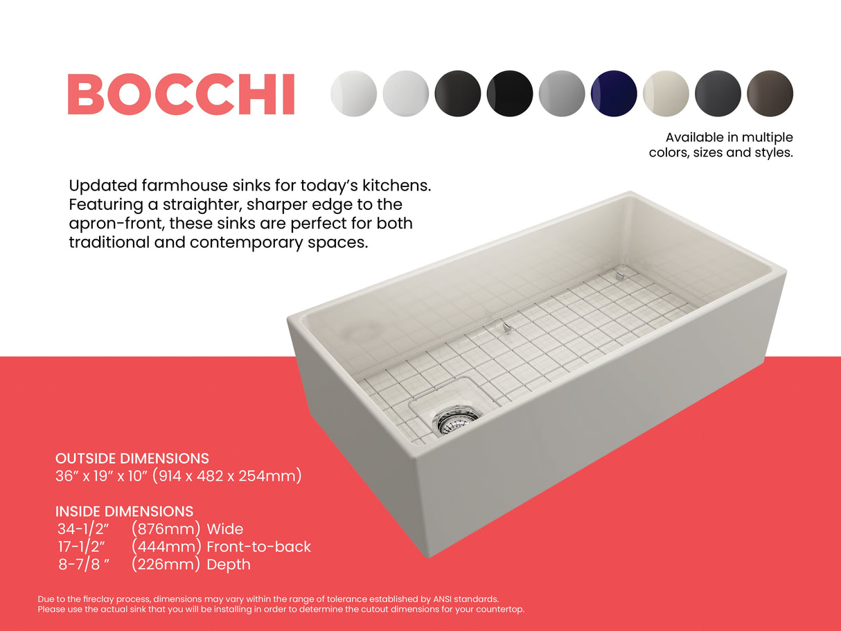 BOCCHI 1354-014-0120 Contempo Apron Front Fireclay 36 in. Single Bowl Kitchen Sink with Protective Bottom Grid and Strainer in Biscuit