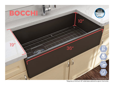 BOCCHI 1354-025-0120 Contempo Apron Front Fireclay 36 in. Single Bowl Kitchen Sink with Protective Bottom Grid and Strainer in Matte Brown