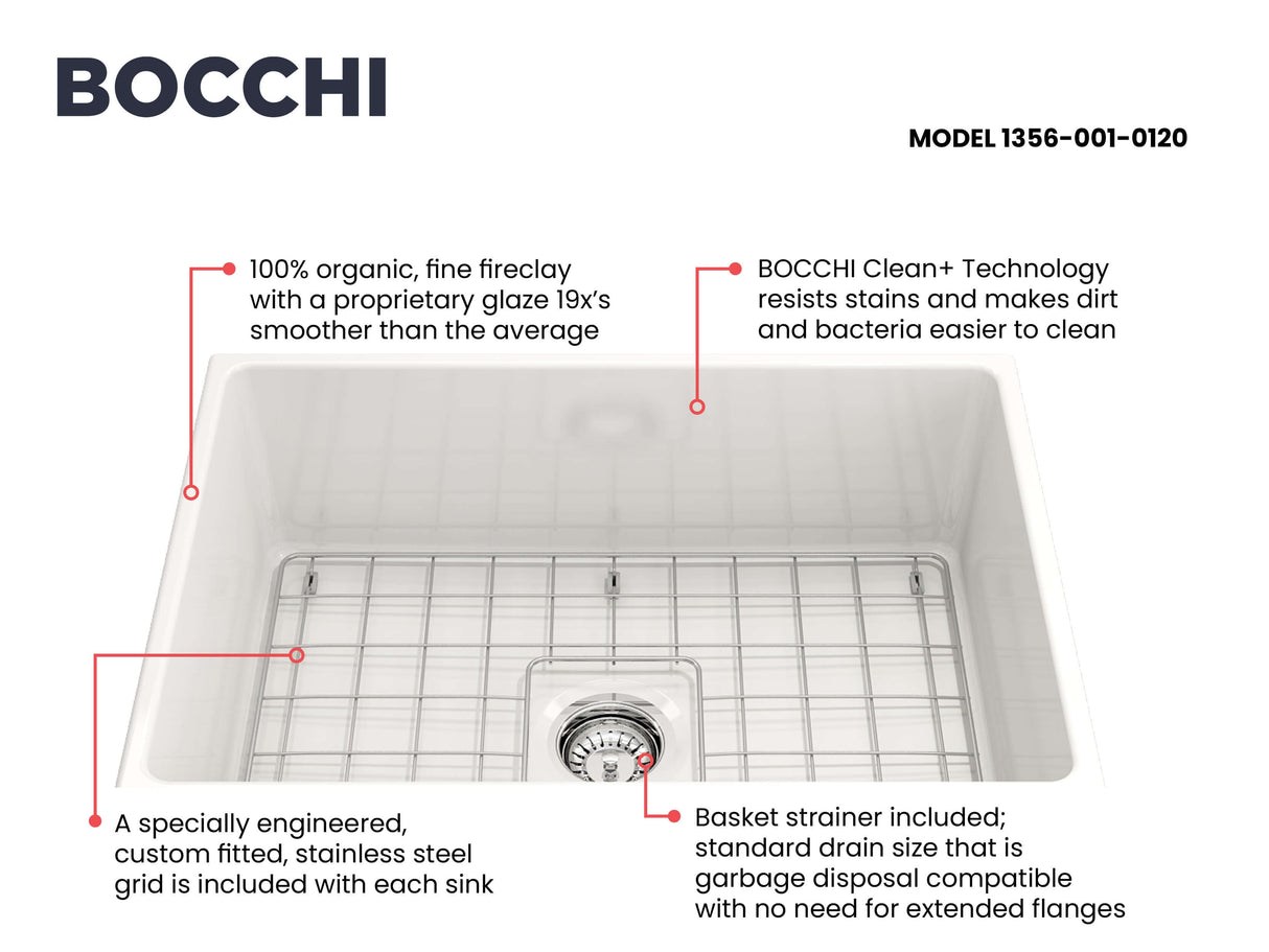 BOCCHI 1356-001-0120 Contempo Apron Front Fireclay 27 in. Single Bowl Kitchen Sink with Protective Bottom Grid and Strainer in White