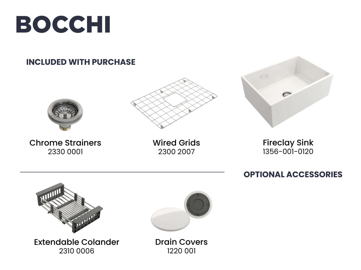 BOCCHI 1356-001-0120 Contempo Apron Front Fireclay 27 in. Single Bowl Kitchen Sink with Protective Bottom Grid and Strainer in White