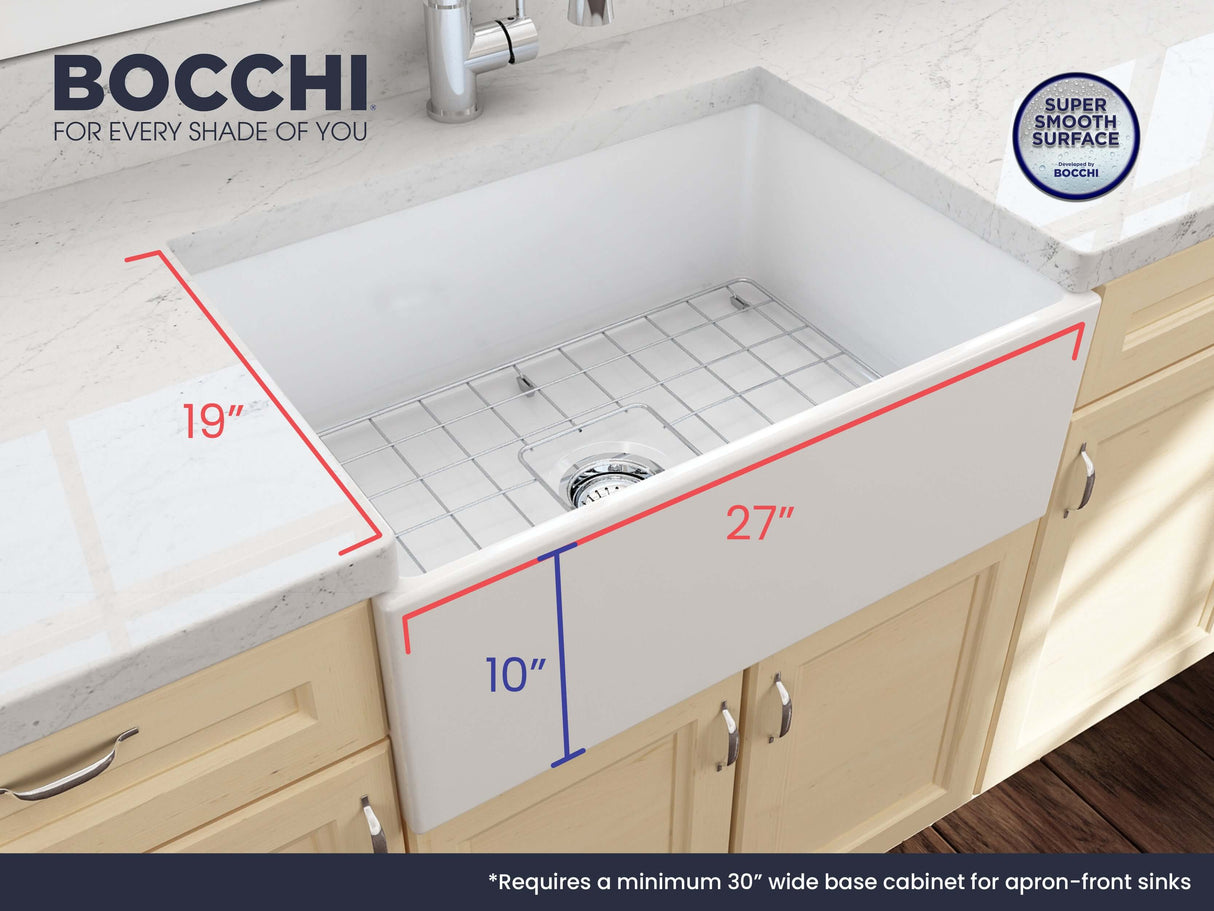 BOCCHI 1356-001-0120 Contempo Apron Front Fireclay 27 in. Single Bowl Kitchen Sink with Protective Bottom Grid and Strainer in White