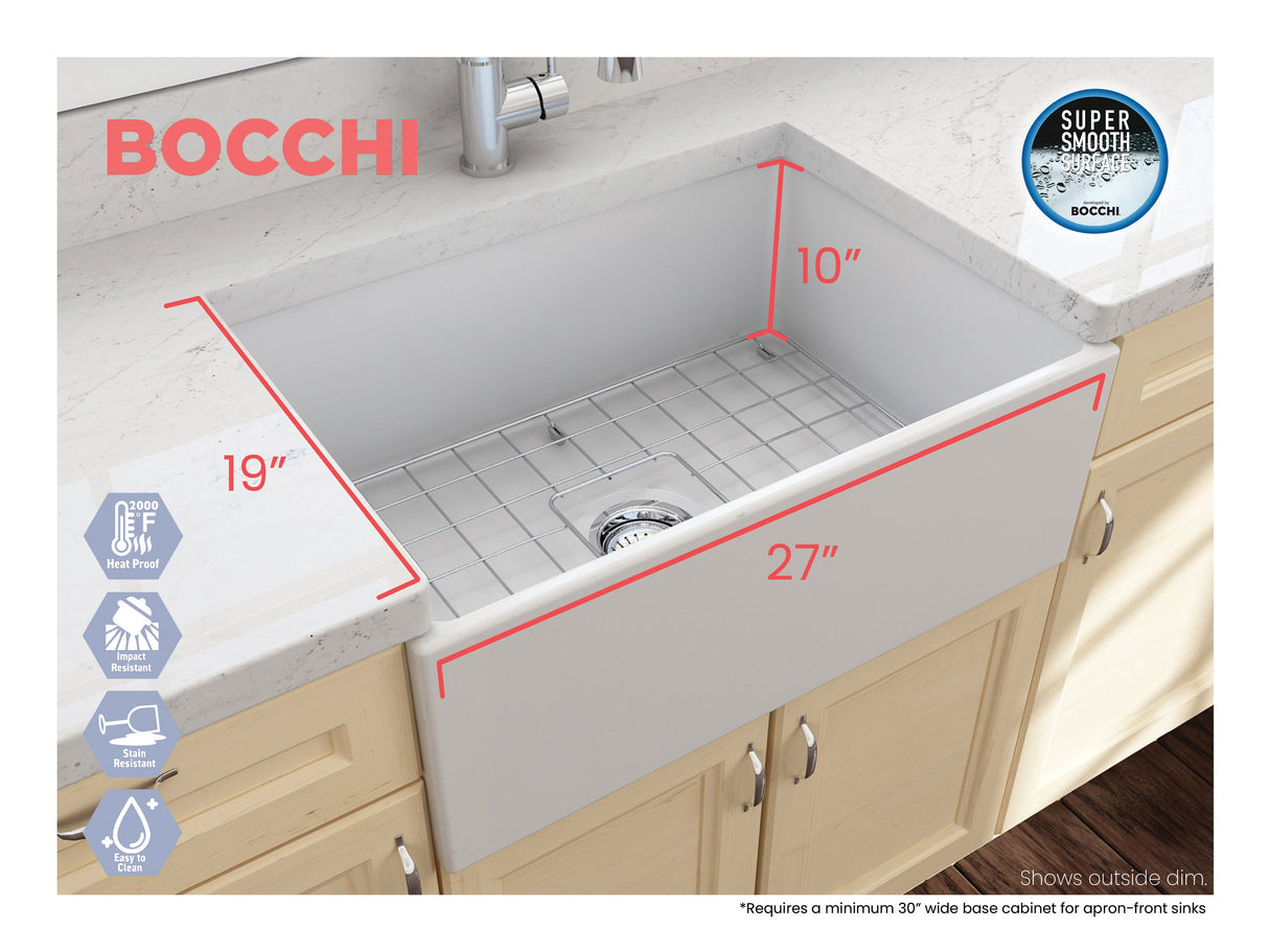 BOCCHI 1356-002-0120 Contempo Apron Front Fireclay 27 in. Single Bowl Kitchen Sink with Protective Bottom Grid and Strainer in Matte White