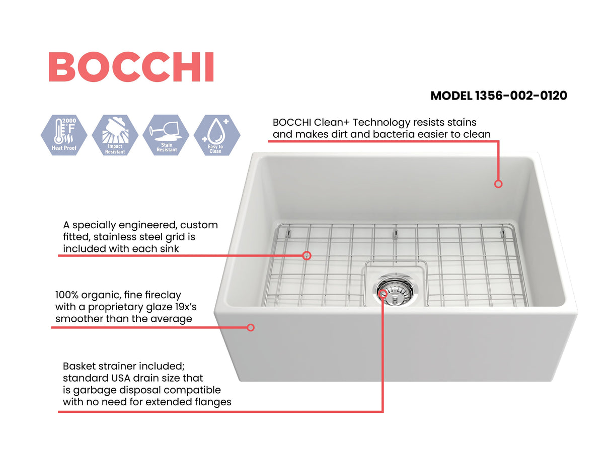 BOCCHI 1356-002-0120 Contempo Apron Front Fireclay 27 in. Single Bowl Kitchen Sink with Protective Bottom Grid and Strainer in Matte White