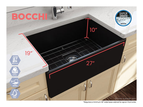 BOCCHI 1356-004-0120 Contempo Apron Front Fireclay 27 in. Single Bowl Kitchen Sink with Protective Bottom Grid and Strainer in Matte Black