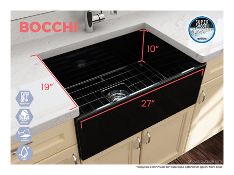 BOCCHI 1356-005-0120 Contempo Apron Front Fireclay 27 in. Single Bowl Kitchen Sink with Protective Bottom Grid and Strainer in Black