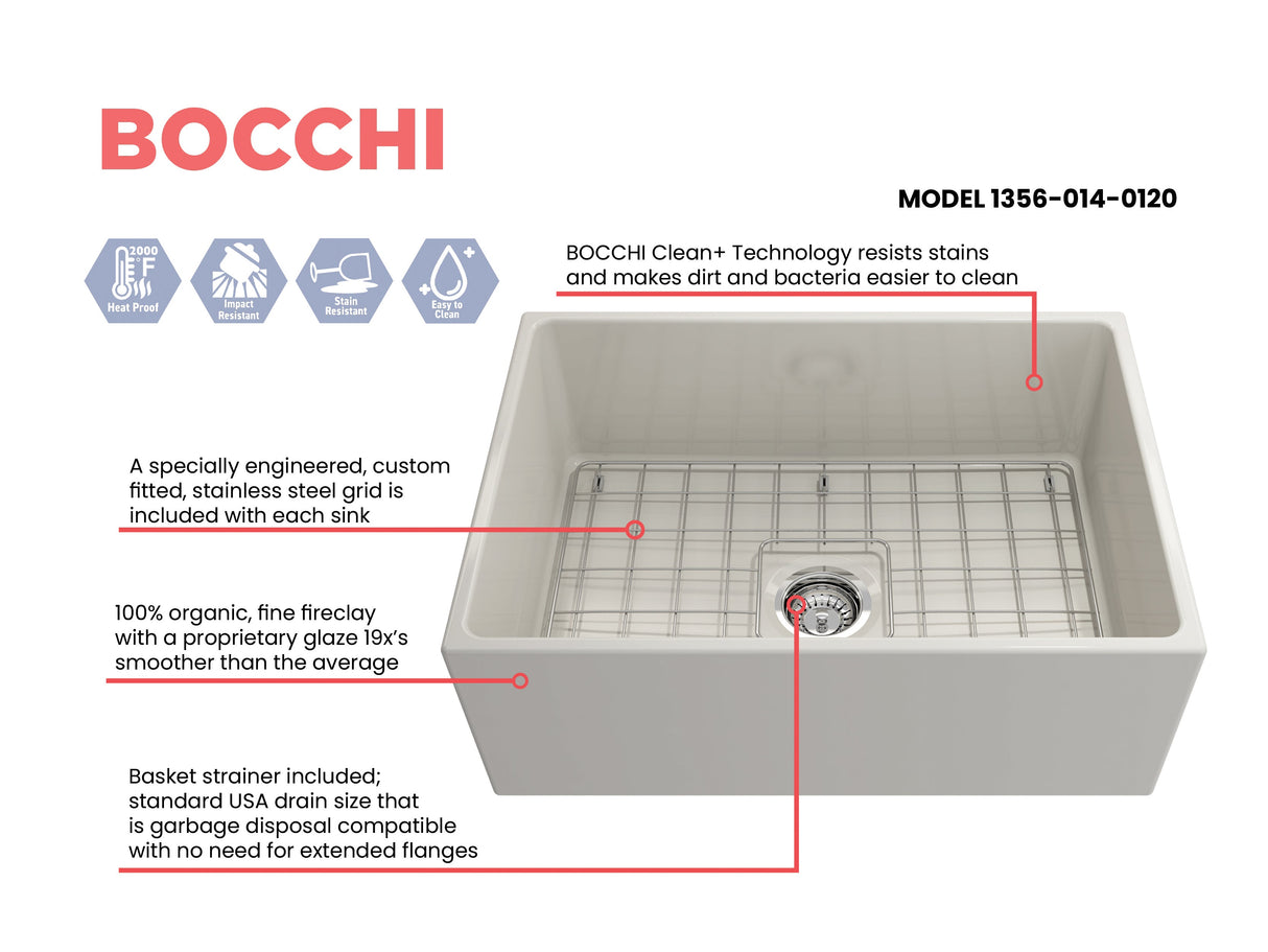 BOCCHI 1356-014-0120 Contempo Apron Front Fireclay 27 in. Single Bowl Kitchen Sink with Protective Bottom Grid and Strainer in Biscuit