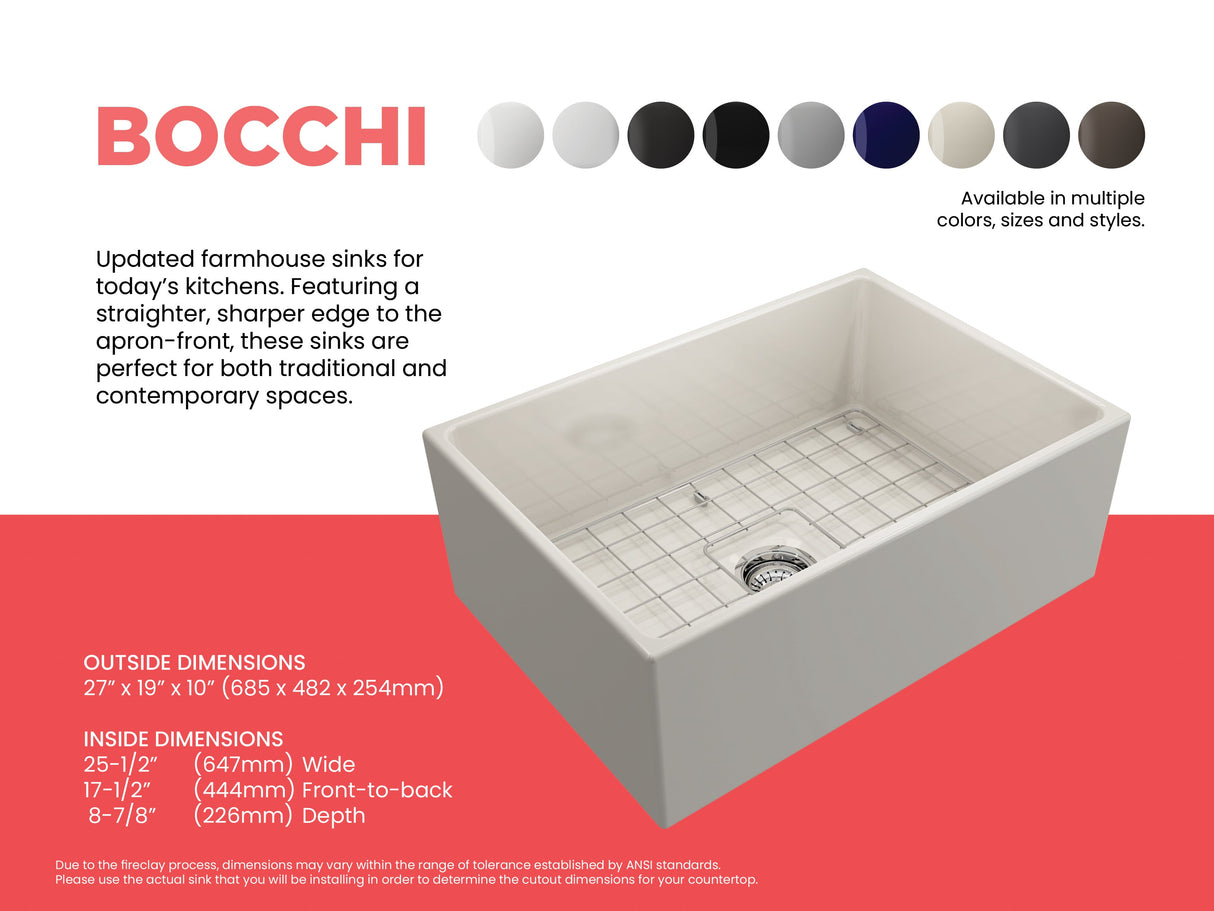 BOCCHI 1356-014-0120 Contempo Apron Front Fireclay 27 in. Single Bowl Kitchen Sink with Protective Bottom Grid and Strainer in Biscuit