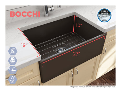 BOCCHI 1356-025-0120 Contempo Apron Front Fireclay 27 in. Single Bowl Kitchen Sink with Protective Bottom Grid and Strainer in Matte Brown