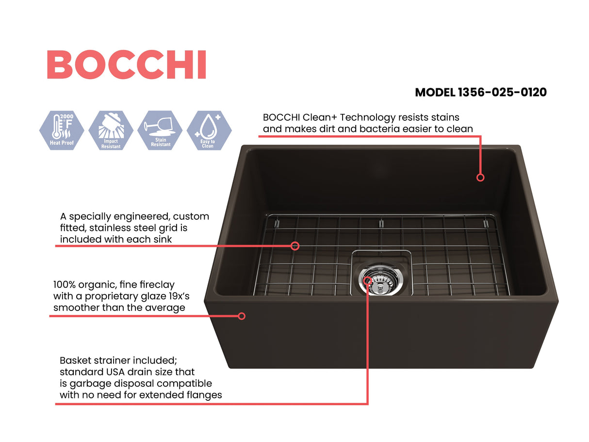 BOCCHI 1356-025-0120 Contempo Apron Front Fireclay 27 in. Single Bowl Kitchen Sink with Protective Bottom Grid and Strainer in Matte Brown