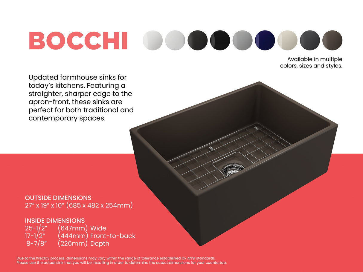 BOCCHI 1356-025-0120 Contempo Apron Front Fireclay 27 in. Single Bowl Kitchen Sink with Protective Bottom Grid and Strainer in Matte Brown