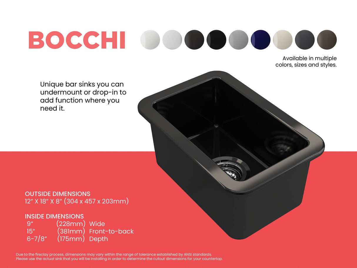 BOCCHI 1358-005-0120 Sotto Dual-mount Fireclay 12 in. Single Bowl Bar Sink with Strainer in Black