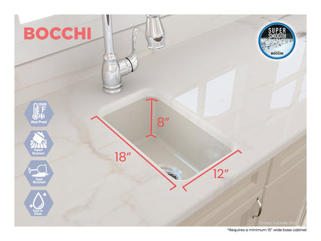 BOCCHI 1358-014-0120 Sotto Dual-mount Fireclay 12 in. Single Bowl Bar Sink with Strainer in Biscuit