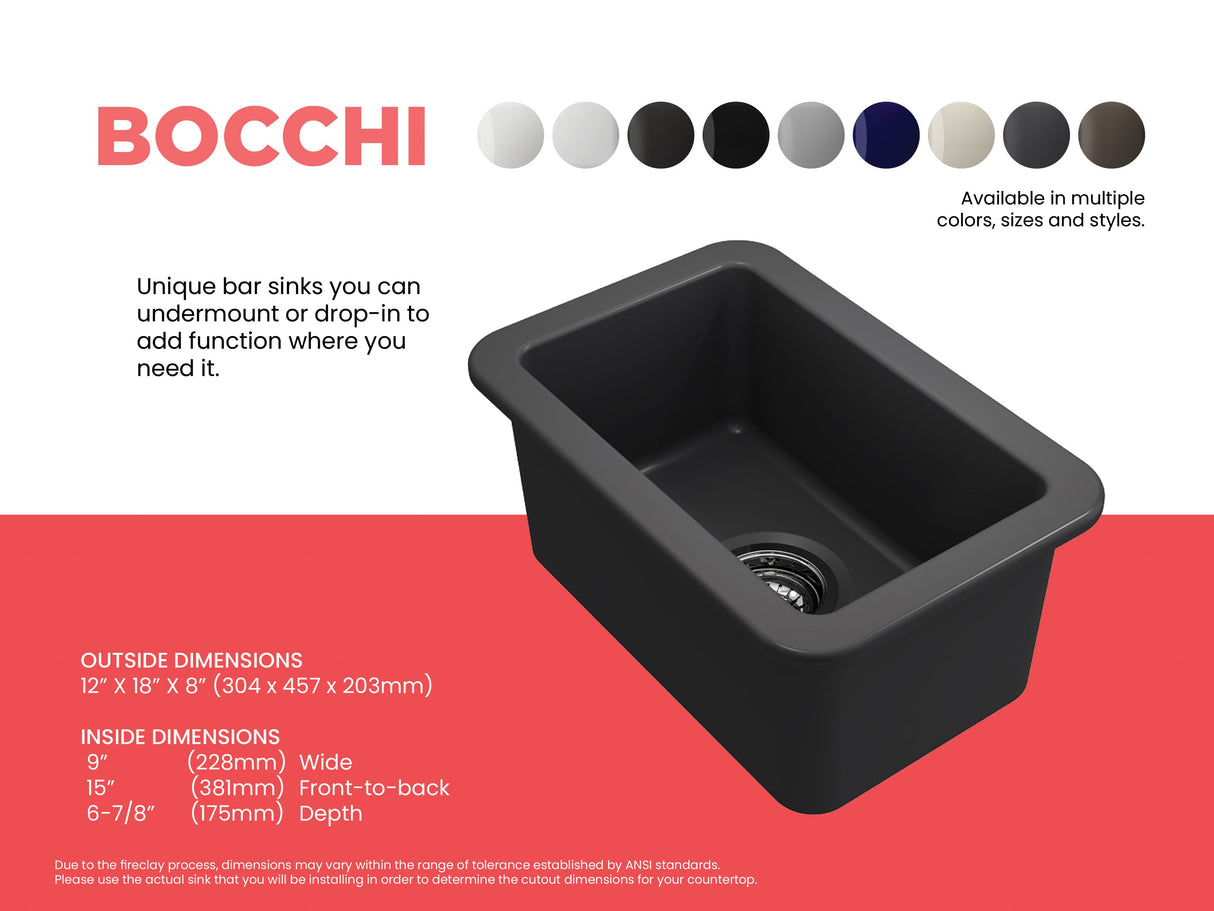 BOCCHI 1358-020-0120 Sotto Dual-mount Fireclay 12 in. Single Bowl Bar Sink with  Strainer in Matte Dark Gray