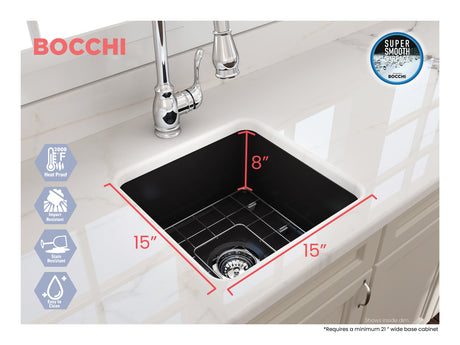 BOCCHI 1359-004-0120 Sotto Dual-mount Fireclay 18 in. Single Bowl Bar Sink with Protective Bottom Grid and Strainer in Matte Black