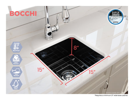 BOCCHI 1359-005-0120 Sotto Dual-mount Fireclay 18 in. Single Bowl Bar Sink with Protective Bottom Grid and Strainer in Black