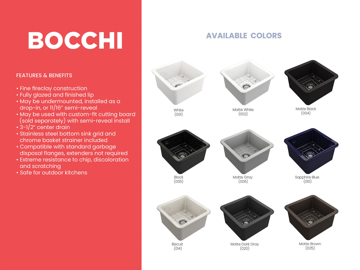 BOCCHI 1359-005-0120 Sotto Dual-mount Fireclay 18 in. Single Bowl Bar Sink with Protective Bottom Grid and Strainer in Black