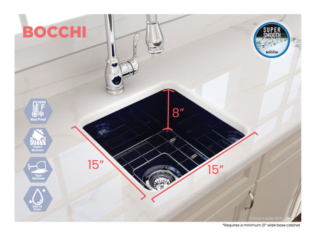 BOCCHI 1359-010-0120 Sotto Dual-mount Fireclay 18 in. Single Bowl Bar Sink with Protective Bottom Grid and Strainer in Sapphire Blue