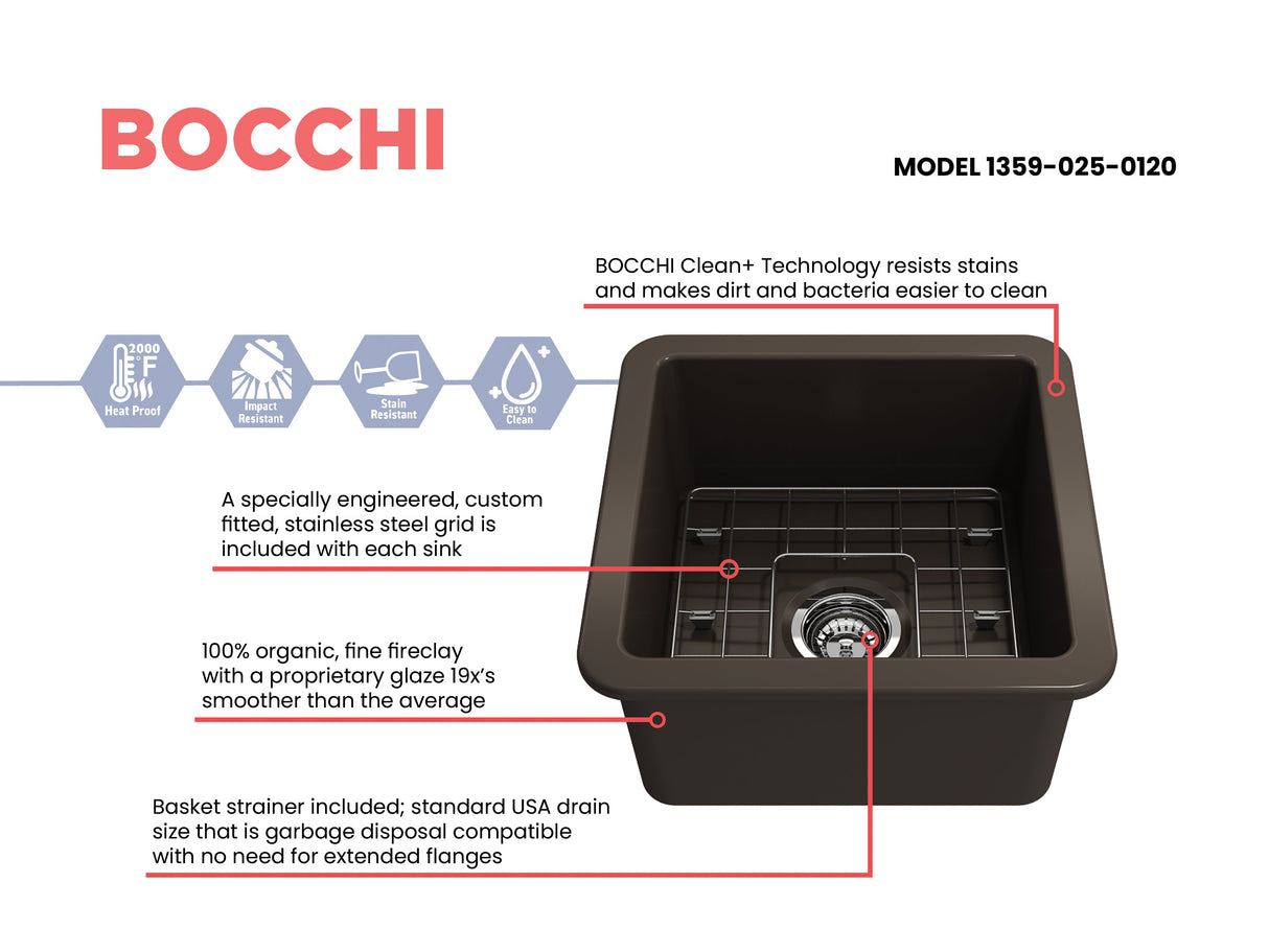 BOCCHI 1359-025-0120 Sotto Dual-mount Fireclay 18 in. Single Bowl Bar Sink with Protective Bottom Grid and Strainer in Matte Brown