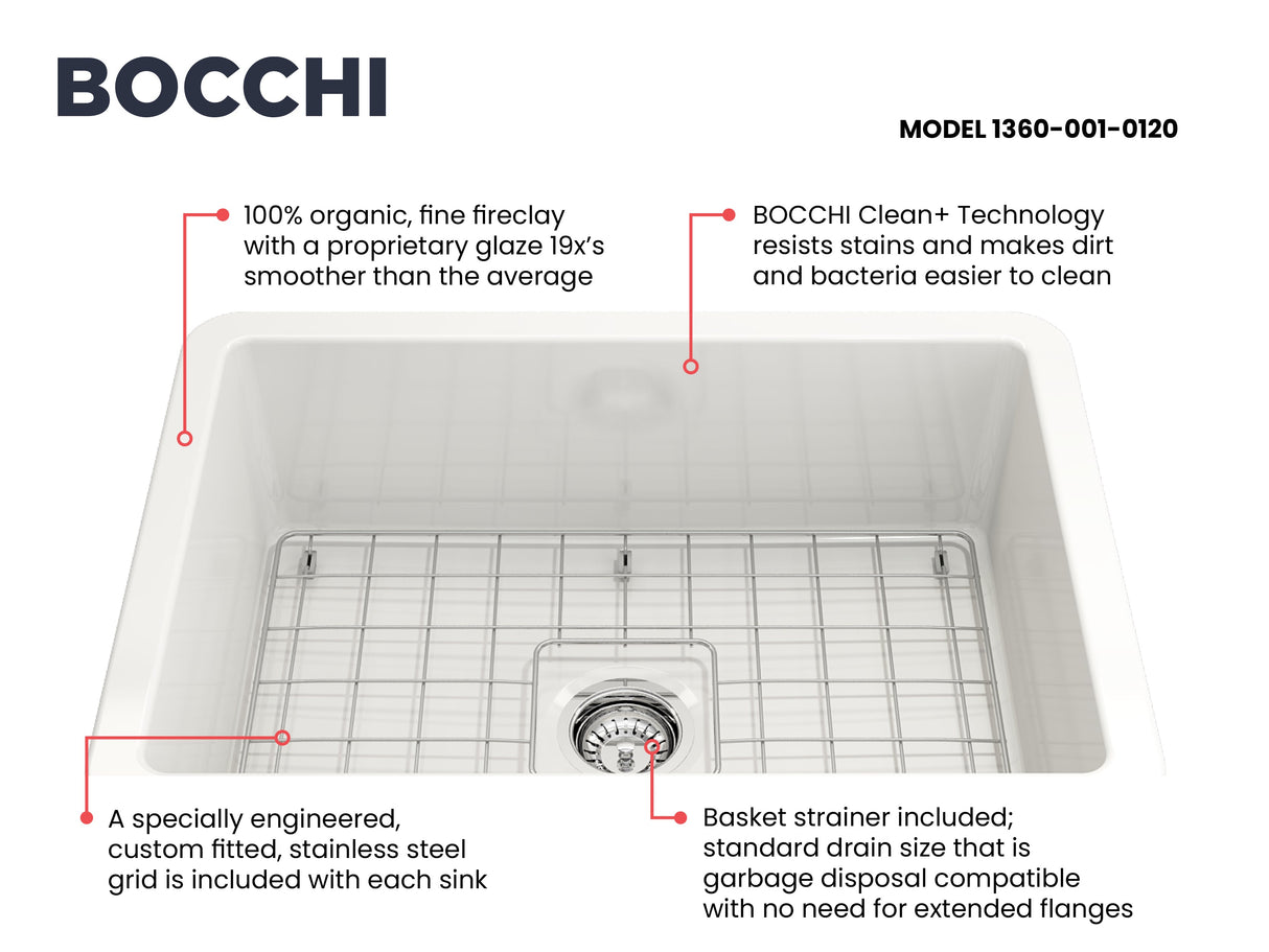 BOCCHI 1360-001-2024SS Kit: 1360 Sotto Dual-mount Fireclay 27 in. Single Bowl Kitchen Sink with Protective Bottom Grid and Strainer & Workstation Accessories w/ Pagano 2.0 Faucet