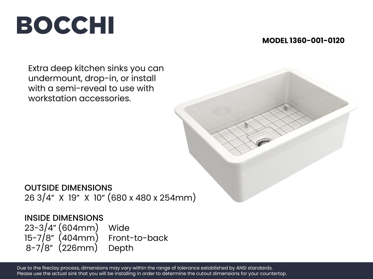 BOCCHI 1360-001-2024SS Kit: 1360 Sotto Dual-mount Fireclay 27 in. Single Bowl Kitchen Sink with Protective Bottom Grid and Strainer & Workstation Accessories w/ Pagano 2.0 Faucet