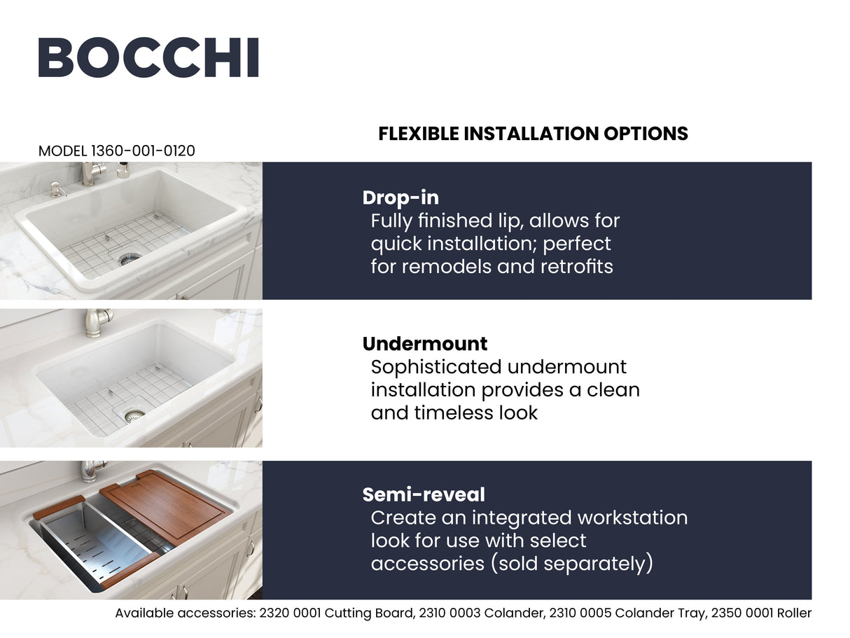 BOCCHI 1360-001-KIT1 Kit: 1360 Sotto Dual-mount Fireclay 27 in. Single Bowl Kitchen Sink with Protective Bottom Grid and Strainer & Workstation Accessories