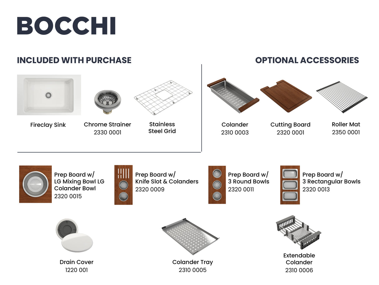 BOCCHI 1360-001-2024SS Kit: 1360 Sotto Dual-mount Fireclay 27 in. Single Bowl Kitchen Sink with Protective Bottom Grid and Strainer & Workstation Accessories w/ Pagano 2.0 Faucet