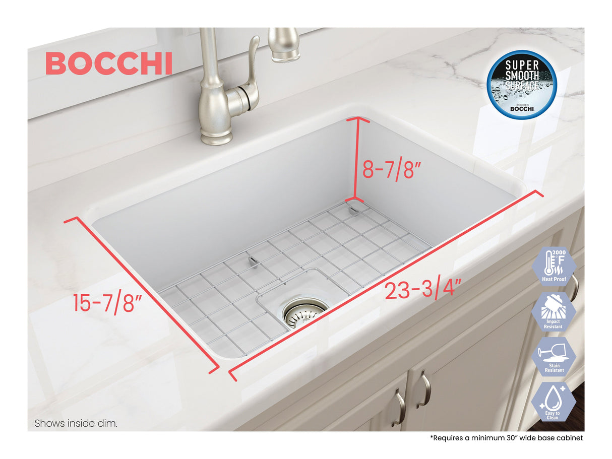 BOCCHI 1360-002-0120 Sotto Dual-mount Fireclay 27 in. Single Bowl Kitchen Sink with Protective Bottom Grid and Strainer in Matte White