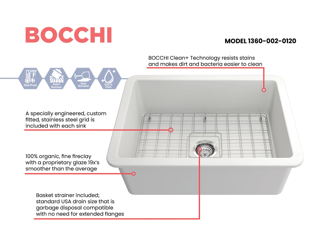 BOCCHI 1360-002-0120 Sotto Dual-mount Fireclay 27 in. Single Bowl Kitchen Sink with Protective Bottom Grid and Strainer in Matte White