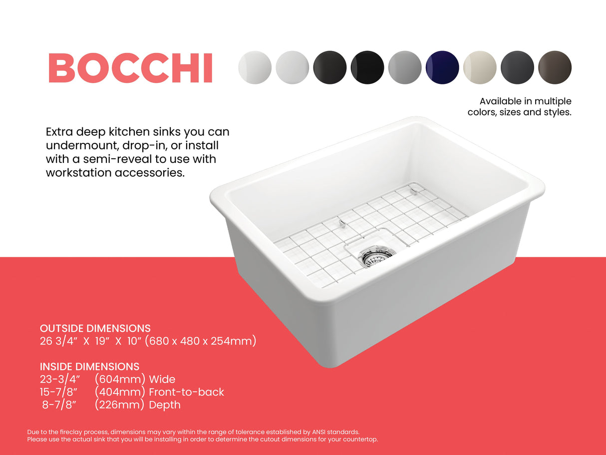 BOCCHI 1360-002-0120 Sotto Dual-mount Fireclay 27 in. Single Bowl Kitchen Sink with Protective Bottom Grid and Strainer in Matte White