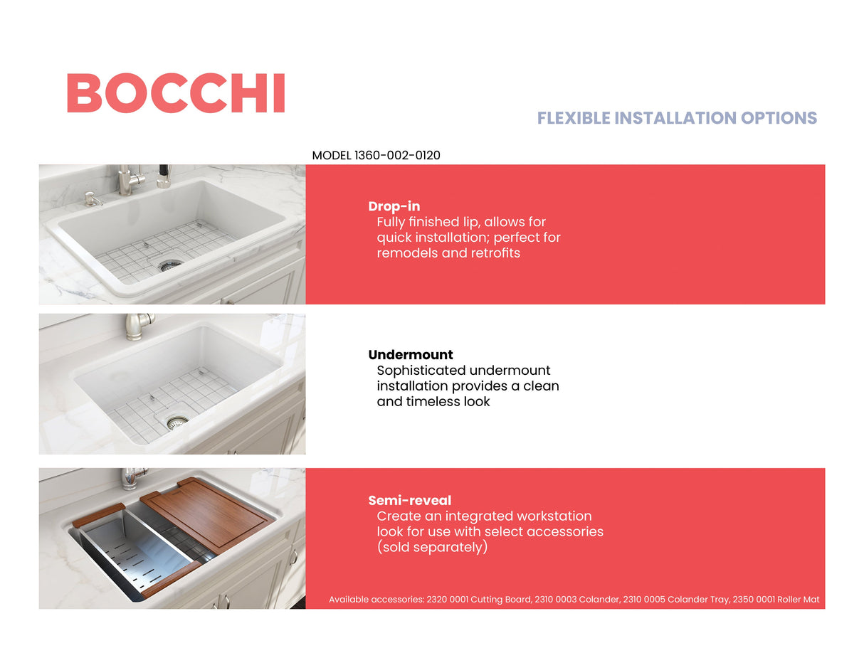 BOCCHI 1360-002-0120 Sotto Dual-mount Fireclay 27 in. Single Bowl Kitchen Sink with Protective Bottom Grid and Strainer in Matte White