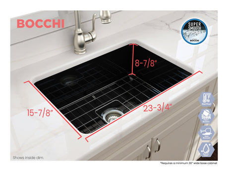 BOCCHI 1360-005-0120 Sotto Dual-mount Fireclay 27 in. Single Bowl Kitchen Sink with Protective Bottom Grid and Strainer in Black