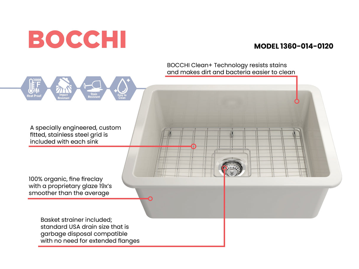 BOCCHI 1360-014-0120 Sotto Dual-mount Fireclay 27 in. Single Bowl Kitchen Sink with Protective Bottom Grid and Strainer in Biscuit