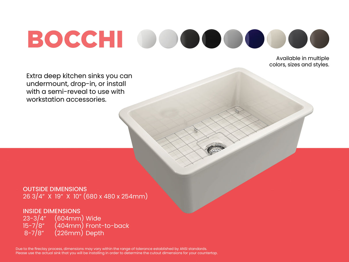 BOCCHI 1360-014-0120 Sotto Dual-mount Fireclay 27 in. Single Bowl Kitchen Sink with Protective Bottom Grid and Strainer in Biscuit