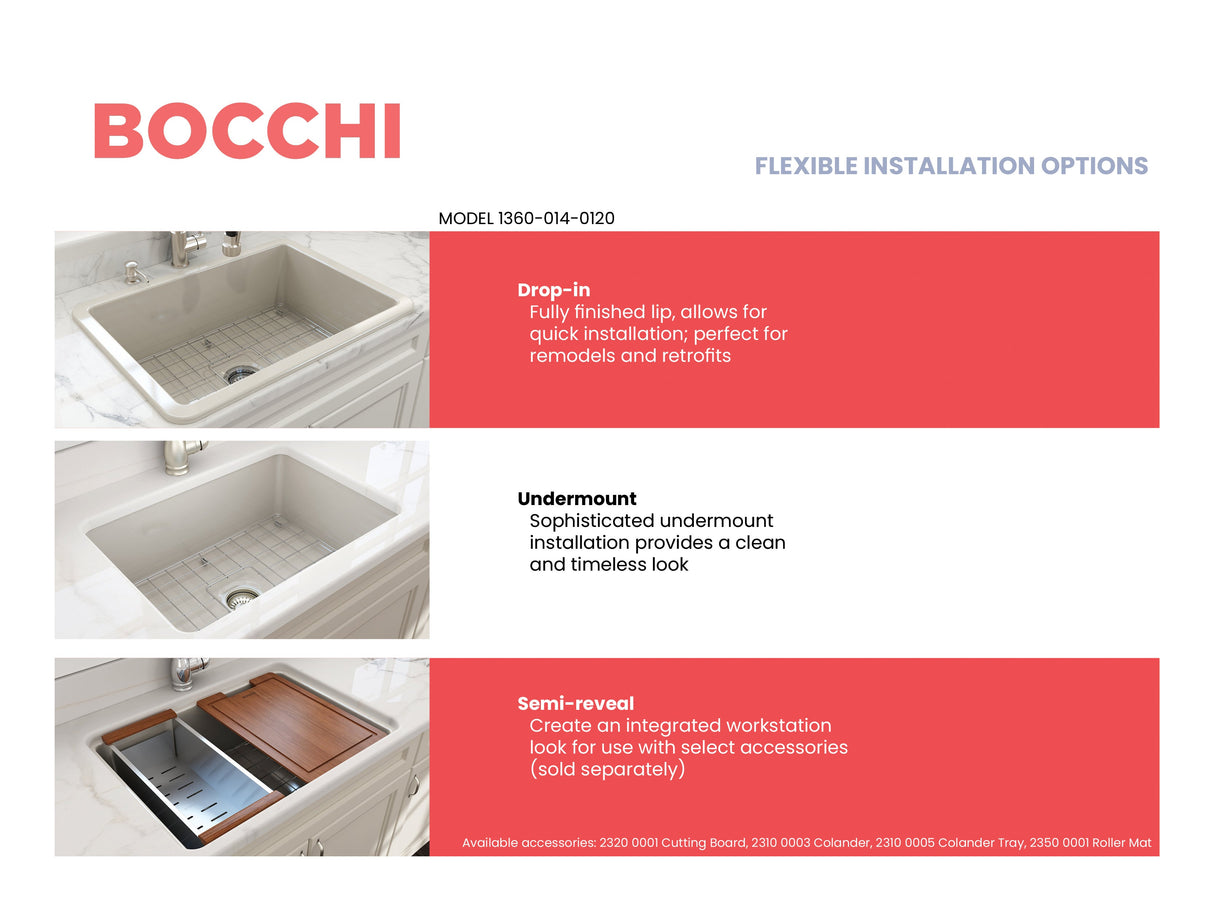 BOCCHI 1360-014-0120 Sotto Dual-mount Fireclay 27 in. Single Bowl Kitchen Sink with Protective Bottom Grid and Strainer in Biscuit