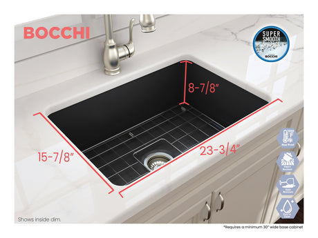 BOCCHI 1360-020-0120 Sotto Dual-mount Fireclay 27 in. Single Bowl Kitchen Sink with Protective Bottom Grid and Strainer in Matte Dark Gray
