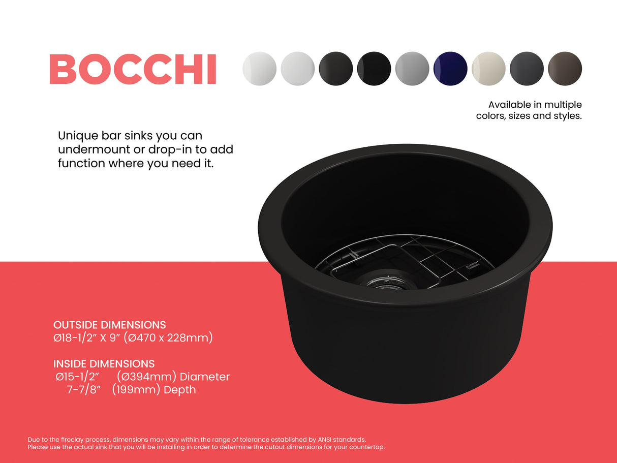 BOCCHI 1361-004-0120 Sotto Round Dual-mount Fireclay 18.5 in. Single Bowl Bar Sink with Protective Bottom Grid and Strainer in Matte Black