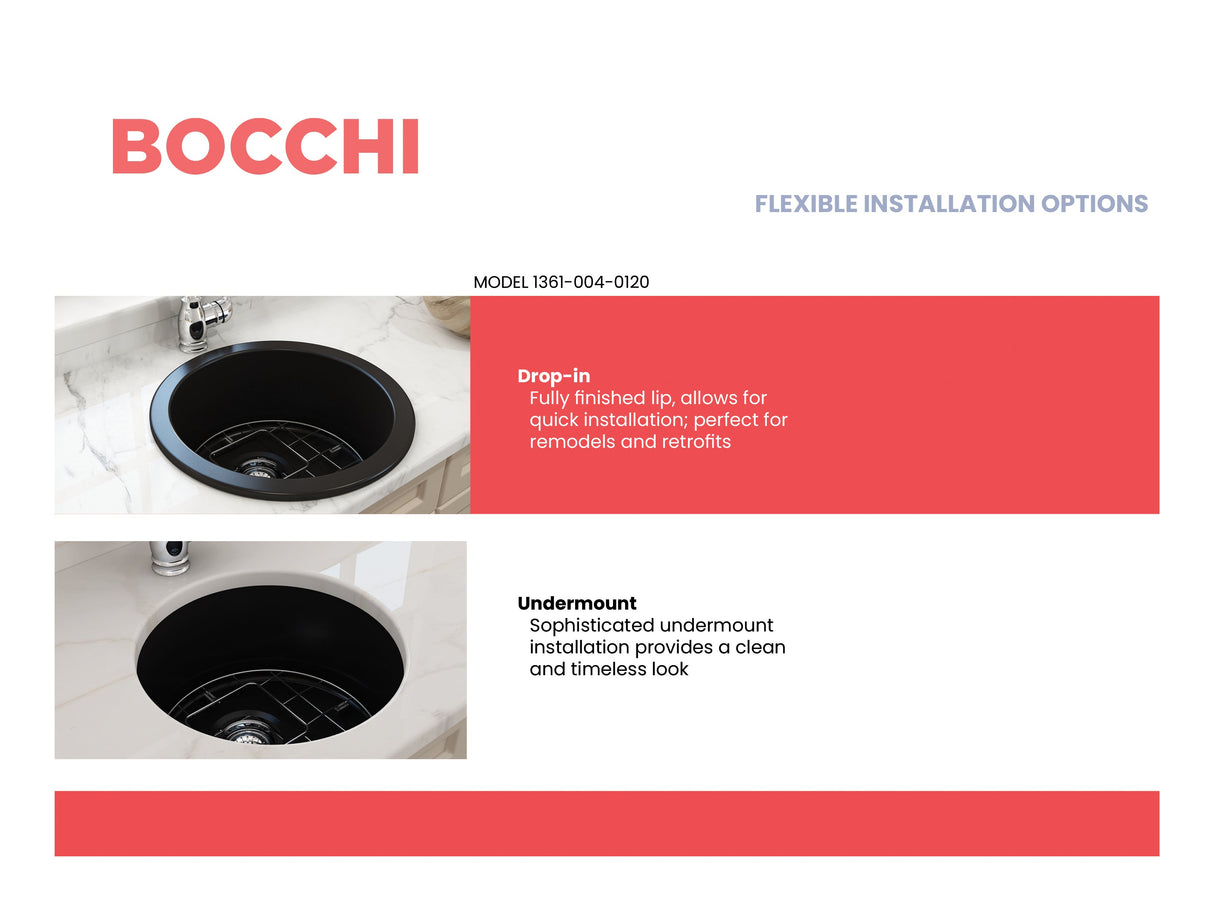 BOCCHI 1361-004-0120 Sotto Round Dual-mount Fireclay 18.5 in. Single Bowl Bar Sink with Protective Bottom Grid and Strainer in Matte Black