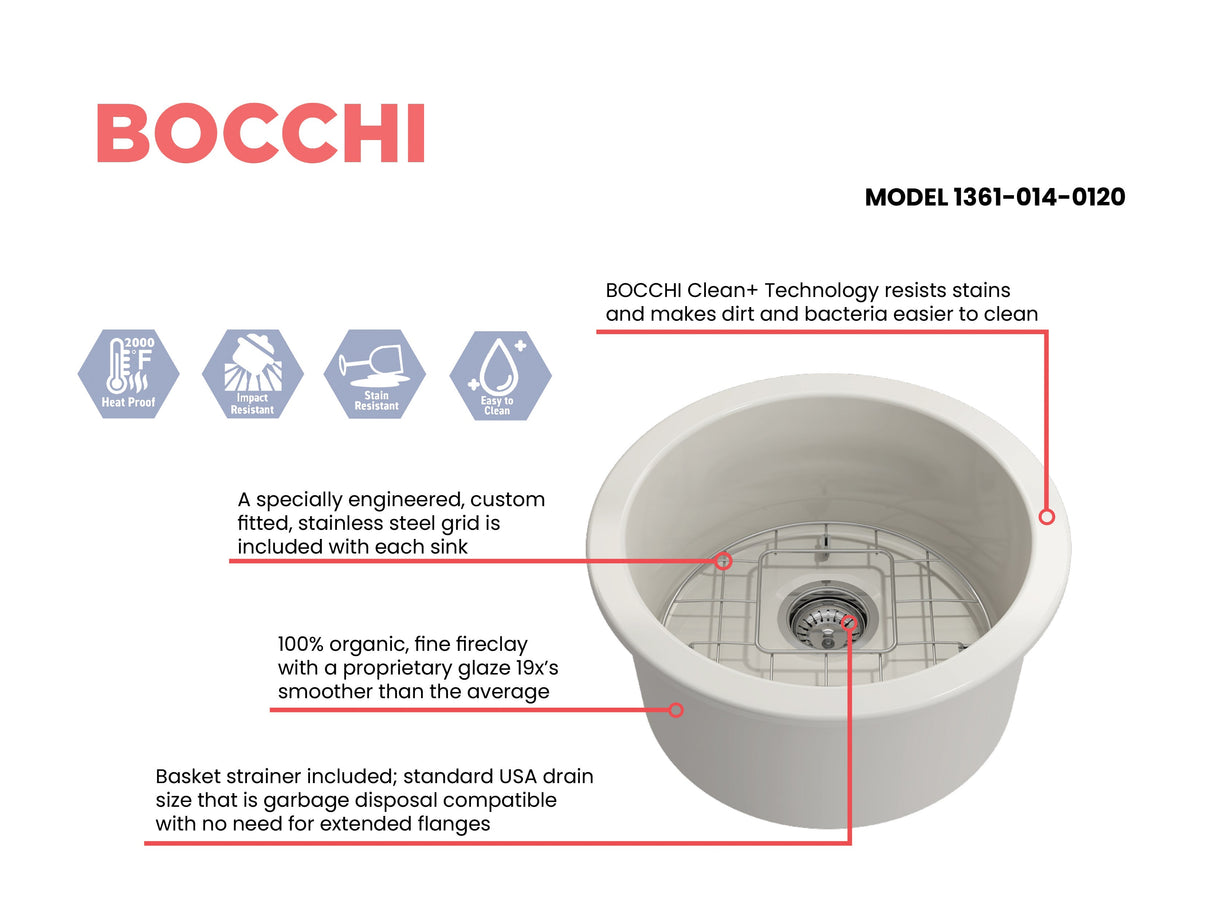 BOCCHI 1361-014-0120 Sotto Round Dual-mount Fireclay 18.5 in. Single Bowl Bar Sink with Protective Bottom Grid and Strainer in Biscuit