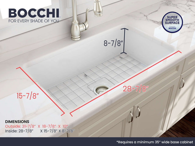 BOCCHI 1362-001-0120 Sotto Dual-mount Fireclay 32 in. Single Bowl Kitchen Sink with Protective Bottom Grid and Strainer in White