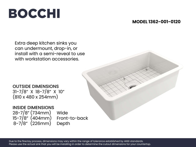 BOCCHI 1362-001-0120 Sotto Dual-mount Fireclay 32 in. Single Bowl Kitchen Sink with Protective Bottom Grid and Strainer in White